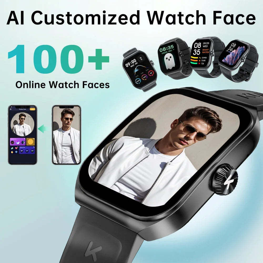 KUMI KU7 Smartwatch 1.96" AMOLED, AI Voice Assistant, Bluetooth Call, SOS Alert, 100+ Sports, Health Monitor